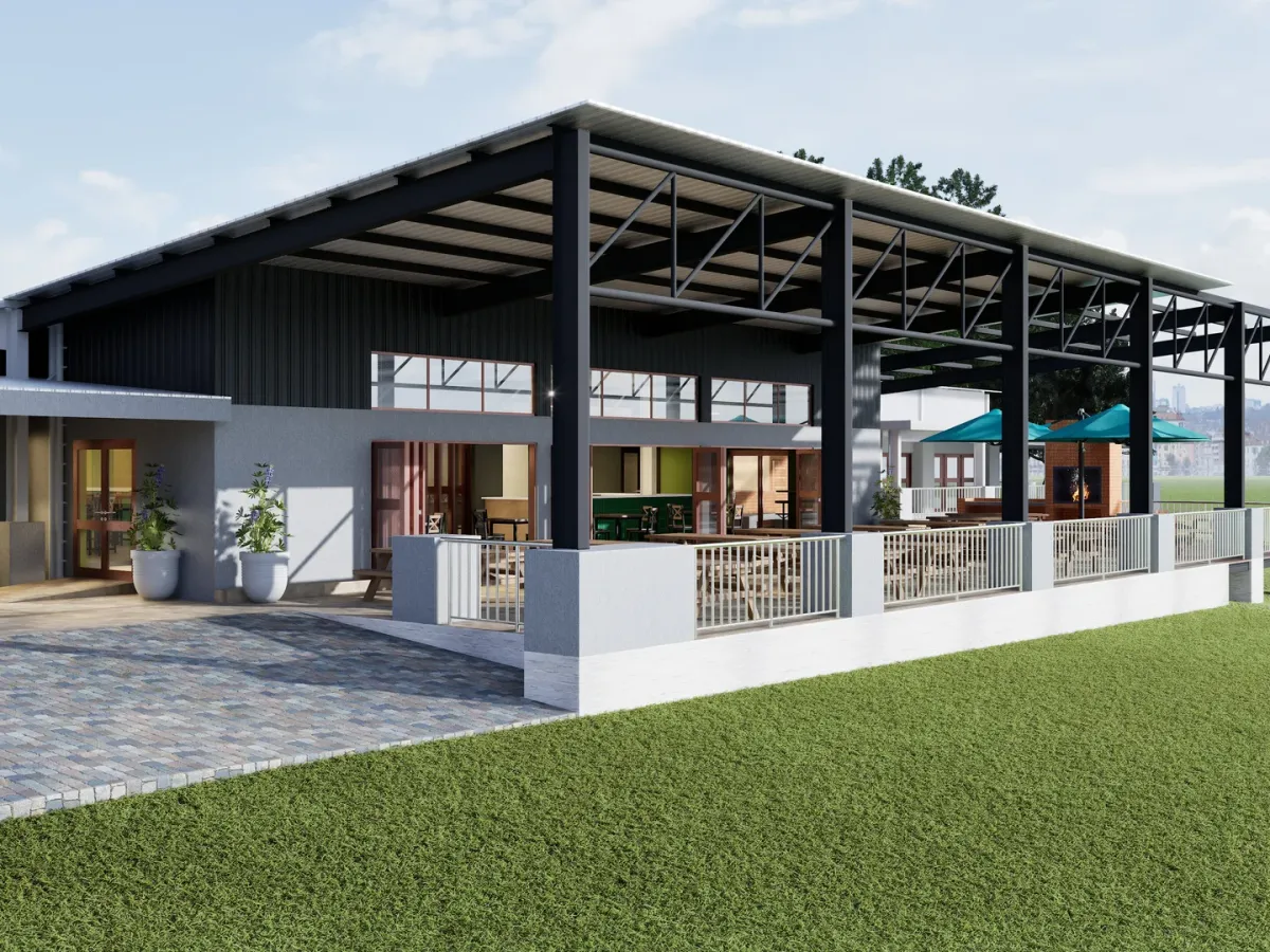 3D render of the Middelburg Country Club pavilion with an open roof structure and seating terrace