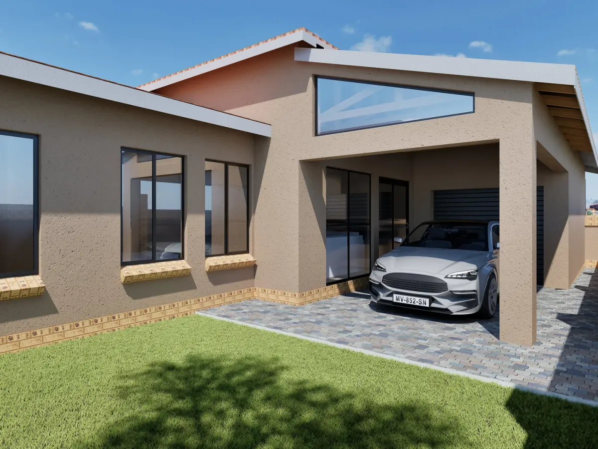 Entrance, lawn and pitched roof forms in a 3D render of AxW’s completed residential additions and alterations