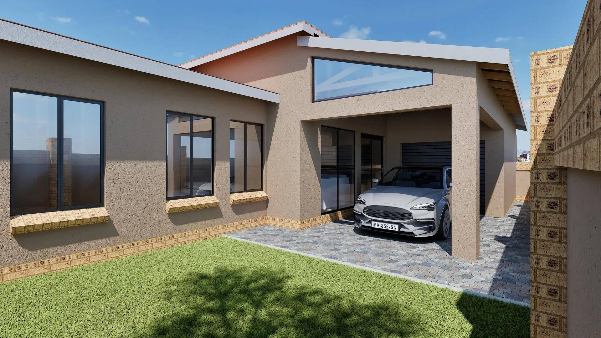 Entrance, lawn and pitched roof forms in a 3D render of AxW’s completed residential additions and alterations