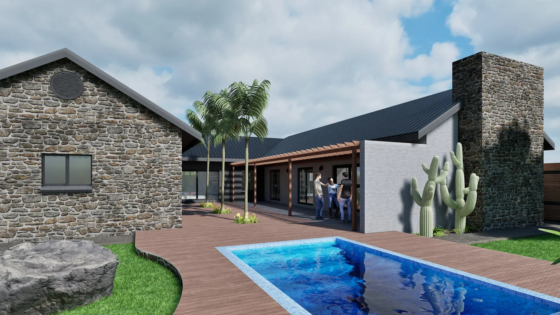 Pool-facing stone facade and covered terrace of the proposed Kranspoort residence, shown in a 3D render